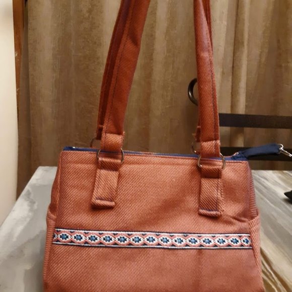 Modern Western Sarape Ribbon trim Double Handle Purse Shoulder bag Satchel Pink - Picture 3 of 5